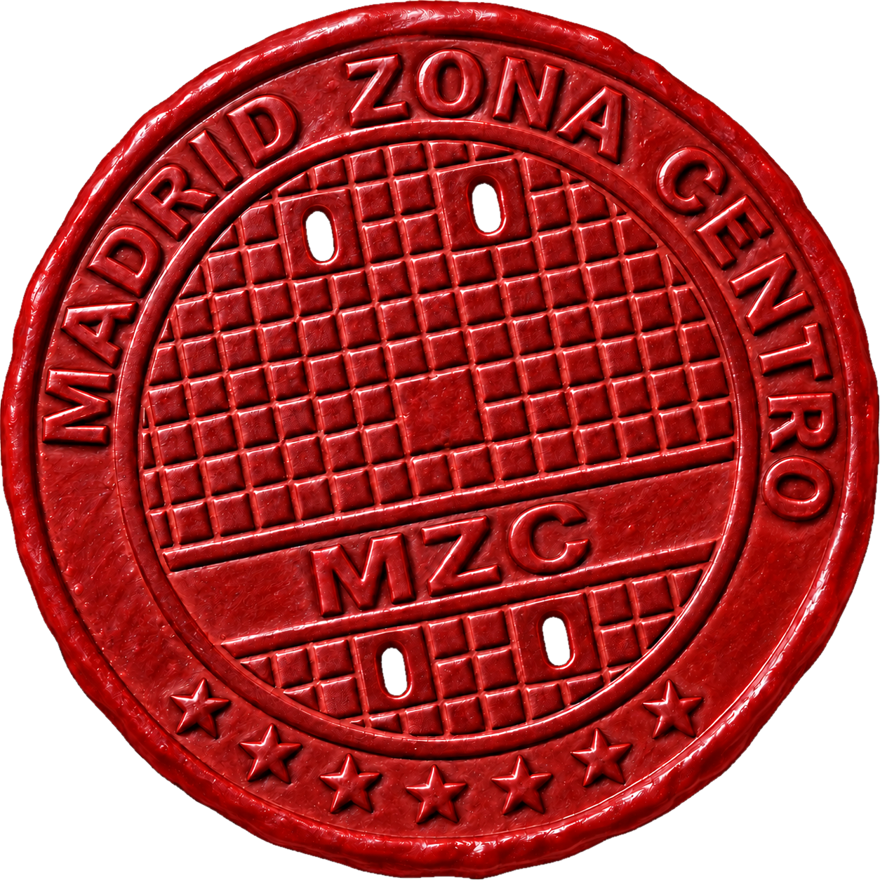 Sello rojo de Madrid Zona Centro con fondo transparente, con siete estrellas y las iniciales MZC